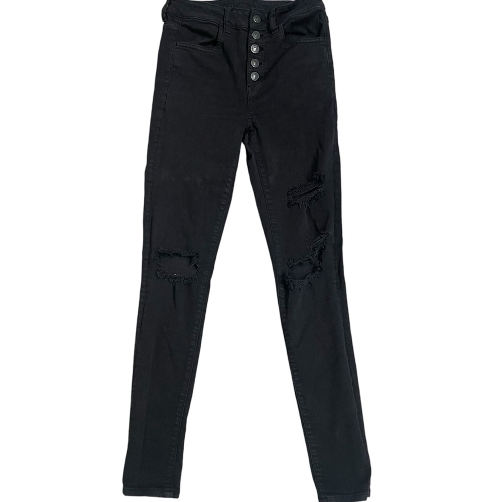 American Eagle Jeans Women's Black Next Level Stretch Sz 2 Exposed Button Fly‎